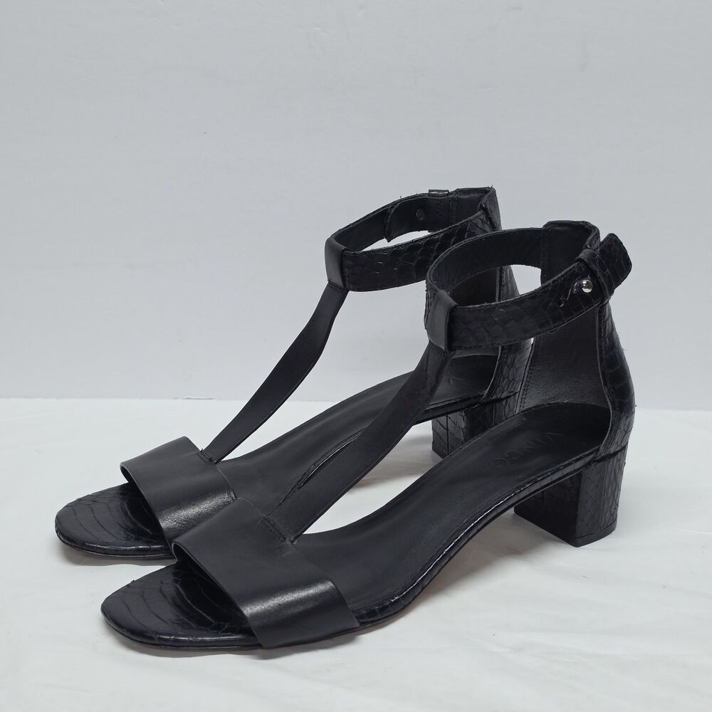 Vince Sandals Womens 9 M Rory Black Leather T Strap Snakeskin Print Ankle Strap